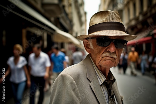 A man wearing a hat and sunglasses stands on a street with other people