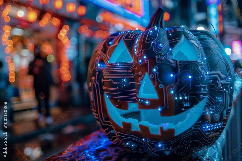 Fototapeta premium Halloween pumpkin foggy neon light background. A futuristic twist on the classic Halloween pumpkin, this cybernetic, Lantern features mechanical elements, glowing eyes, and intricate circuitry