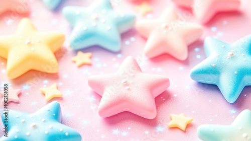 Star shaped candies lying on pink background with glitter