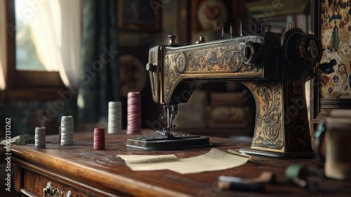 A vintage sewing machine with a cast iron base and wooden top, placed in an old-fashioned sewing room with fabric swatches and spools of thread nearby.