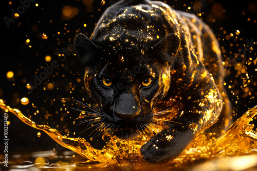 A black panther running on a dark background with liquid gold swirls. photo