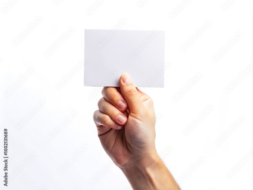 Fototapeta premium Blank Paper Card in Hand for Postcard Mockup Isolated on White Background for Design Purposes
