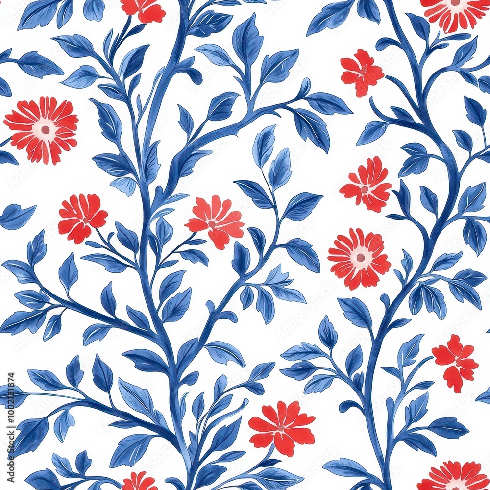 A vibrant floral pattern featuring red flowers and blue leaves on a white background, ideal for textiles and wallpapers. A vibrant floral pattern featuring red flowers and blue leaves on a white background, ideal for textiles and wallpapers.