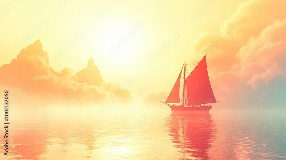 Fototapeta premium Sailboat sailing at sunset reflecting in calm ocean water
