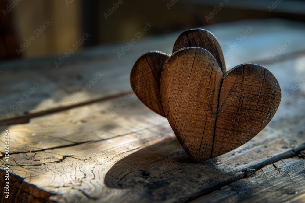 Fototapeta premium Two wooden hearts on a rustic table with sunlight creating a gentle glow, highlighting the wood grain