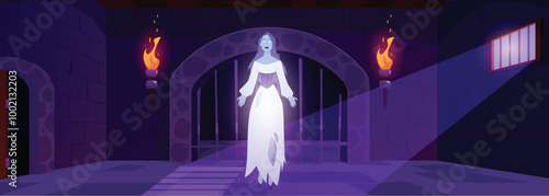 Illustration of a female ghost in an old torn dress against a dungeon background.