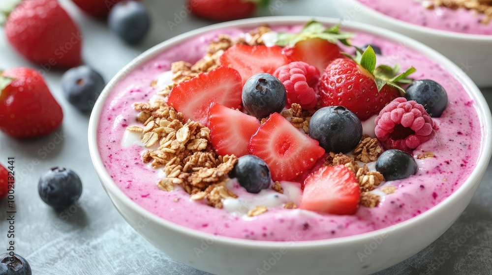 A dragon fruit smoothie bowl topped with granola and fresh berries, beautifully arranged for a healthy breakfast option, perfect for social media sharing. A dragon fruit smoothie bowl topped with granola and fresh berries, beautifully arranged for a healthy breakfast option, perfect for social media sharing.