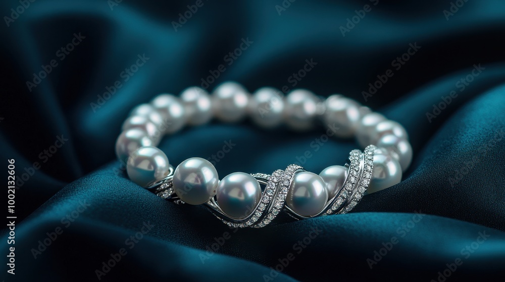 Fototapeta premium An elegant pearl bracelet adorned with sparkling silver accents resting on a soft, rich fabric backdrop.