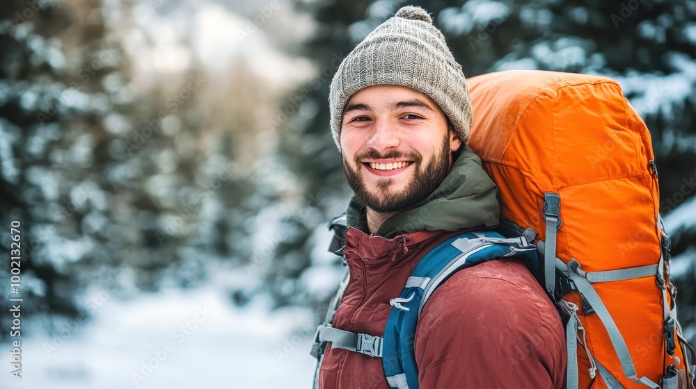Young man smiling wearing backpack hiking in snowy mountains Young man smiling wearing backpack hiking in snowy mountains