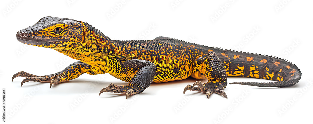Obraz premium The yellow-spotted monitor, also known as the New Guinea Argus monitor, displayed on a white background