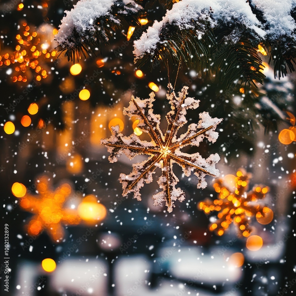 Christmas tree decoration covered by snow falling at night Christmas tree decoration covered by snow falling at night