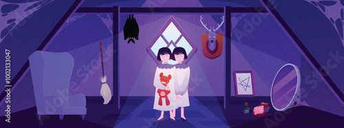 Two twin ghosts with a toy are wandering around an old attic.