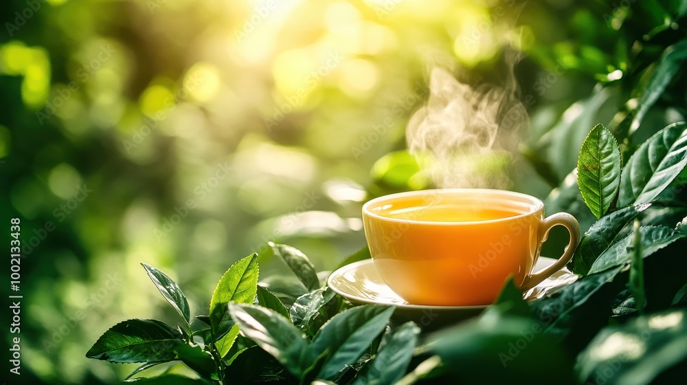 Steaming cup of tea resting on lush green tea leaves Steaming cup of tea resting on lush green tea leaves