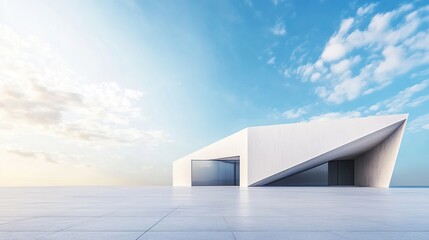 3D render of a modern abstract geometric shapes futuristic architecture with a car park, and empty concrete floor on a blue sky background. Modern white abstract for product presentation, or display.
