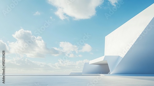Fototapeta Naklejka Na Ścianę i Meble -  3D render of a modern abstract geometric shapes futuristic architecture with a car park, and empty concrete floor on a blue sky background. Modern white abstract for product presentation, or display.
