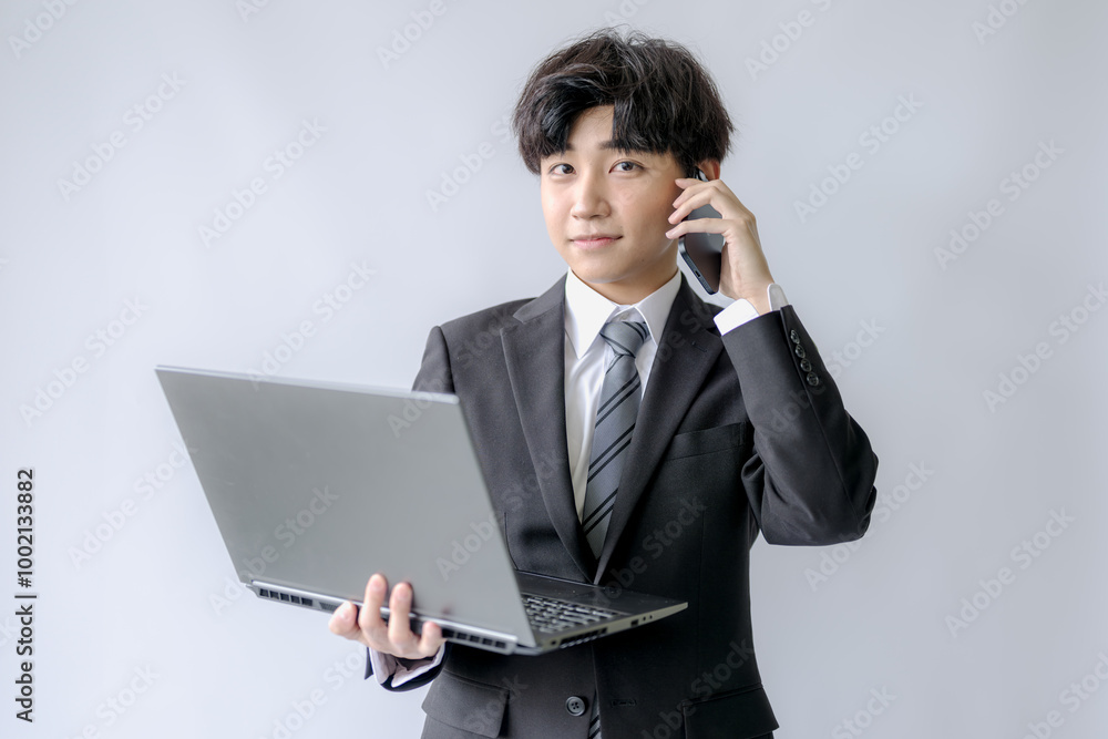 PCとスマホと爽やかなビジネスマン