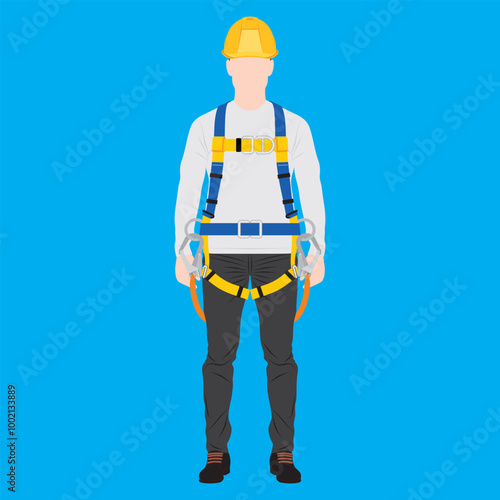 Front view of worker man model and sample with completed personal protective equipment for safety in industrial and construction work at height. Hardhat, full body harness, and shoes.