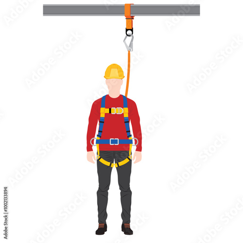 Front view of man worker with full body harness connect to the upper head anchorage strap point for fall prevention when work at height safety requirements. Vector illustration.