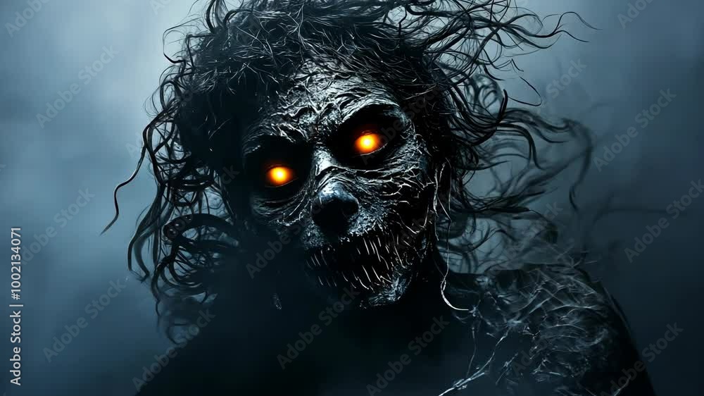 A terrifying monster with glowing eyes emerges from the darkness