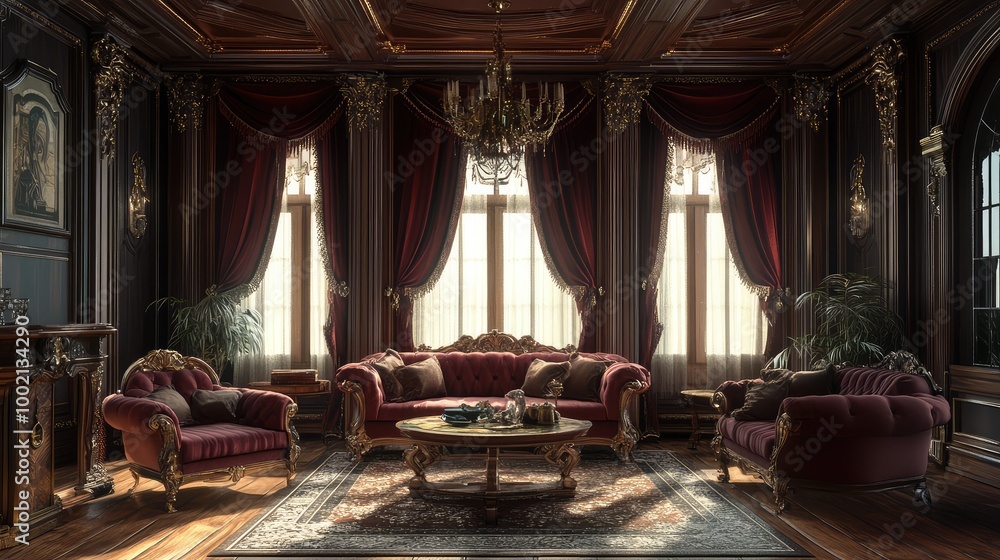 Classic Victorian living room with plush velvet seating, heavy drapes, and ornate woodwork details. Classic Victorian living room with plush velvet seating, heavy drapes, and ornate woodwork details.