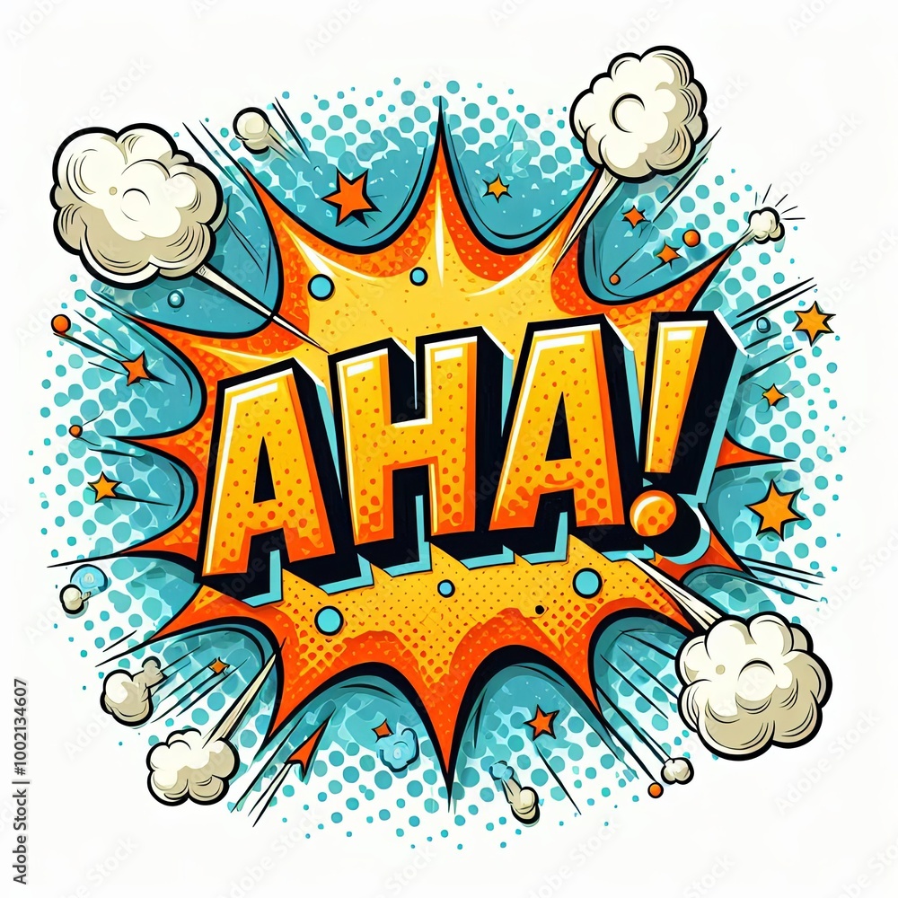 Fototapeta premium Comic style speech bubble with the word Aha surrounded by clouds and stars in an explosive design, isolated on white background. Pop art illustration for posters, banners, and prints