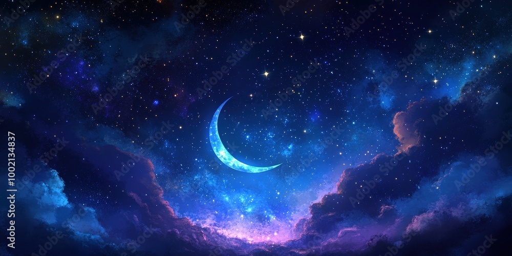 Obraz premium Dreamy Cartoon Moon and Starry Sky Illustration