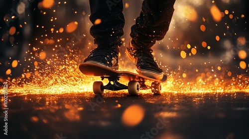 Closeup of a skateboarder's feet mid-air as they grind down a rail, sparks flying.