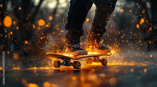 A skateboarder rides through a shower of sparks, creating an illusion of fire.