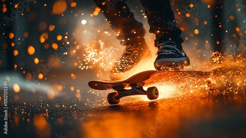 Skateboarder performing a trick with sparks flying from the wheels.