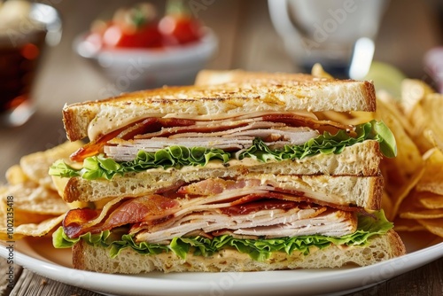 A classic club sandwich with layers of turkey, bacon, lettuce, and tomato, served with chips