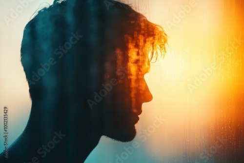 Reflections of Sadness - A Man Gazing at Rain through the Window with a Heavy Heart, Depicting Deep Depression and Ethereal Emotions in Double Exposure Photography