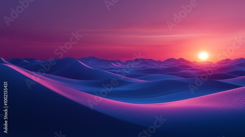 A desert with large dunes. The sun has already set. The lighting is violet and blue. 