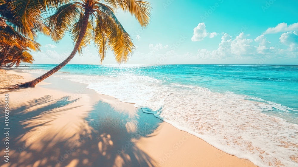 Palm tree casting shadow on tropical beach with turquoise water Palm tree casting shadow on tropical beach with turquoise water