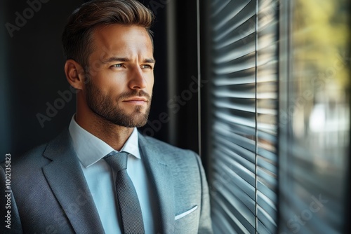 Contemplative businessman finding serenity at office window, managing anxiety through mindful reflection.