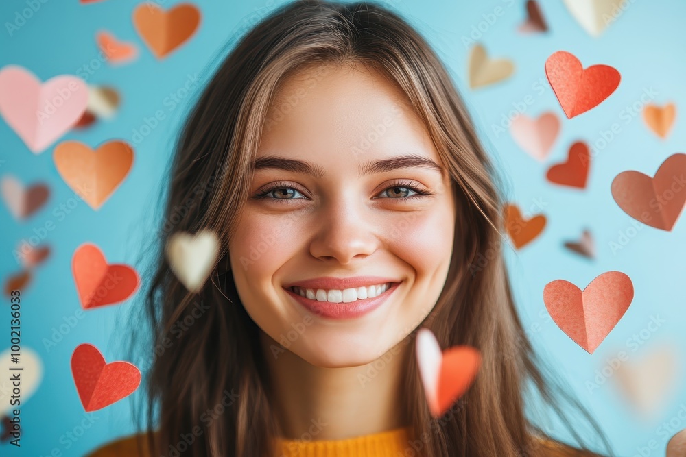 A smiling face surrounded by floating paper-cut hearts, representing love and positive mental health. A smiling face surrounded by floating paper-cut hearts, representing love and positive mental health.