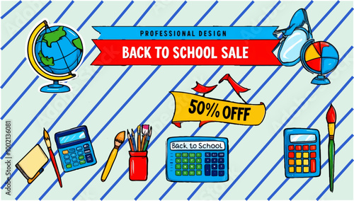 Back to school vector design. Back to school greeting text with backpack schoolbag, alarm clock, pencil and chalkboard educational elements.