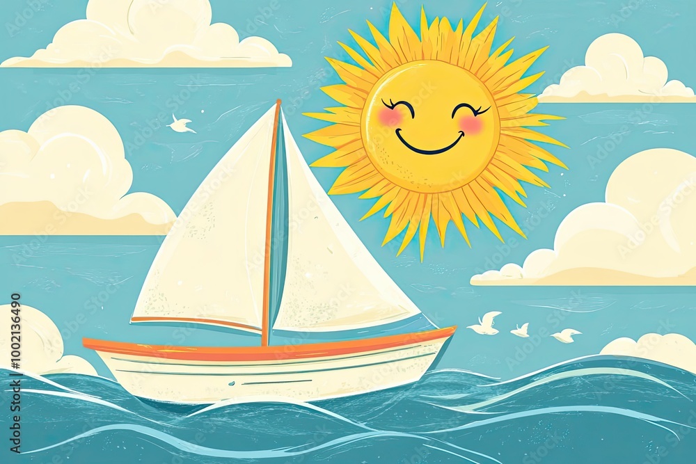 Naklejka premium A Smiling Sun Over a White Sailboat in the Ocean