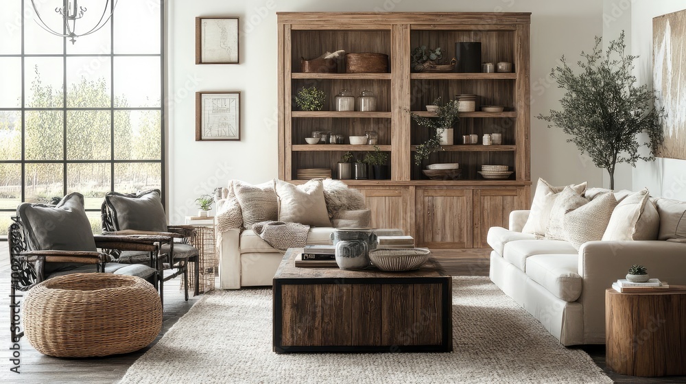 Obraz premium Contemporary farmhouse living room with reclaimed wood furniture, cozy decor, and a neutral color palette.