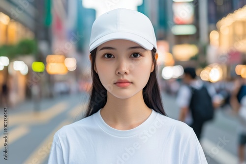 closeup of attractive asian woman wearing white cap and t-shirt mockup on city street 