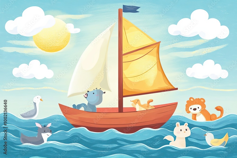 Naklejka premium Animals Sailing on a Boat in the Ocean