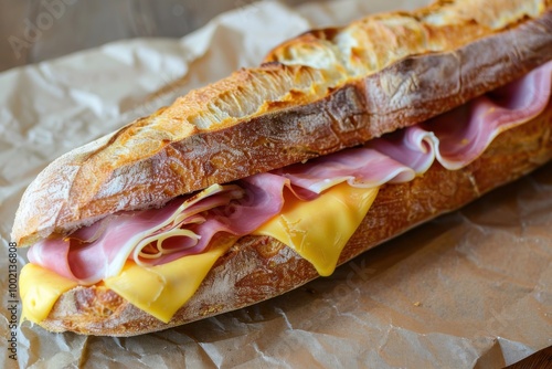 A classic French baguette sandwich with ham, cheese, and butter