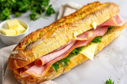 A classic French baguette sandwich with ham, cheese, and butter