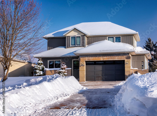 Snowdrifts cleared from driveway of modern single family home 
