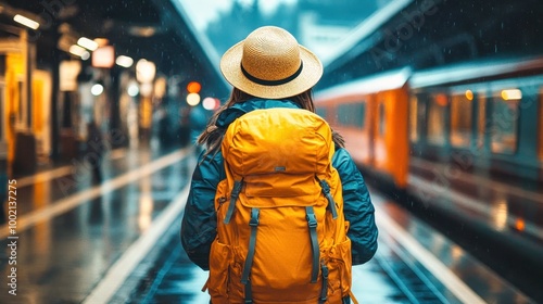 Tourist wearing backpack waiting for train at station
