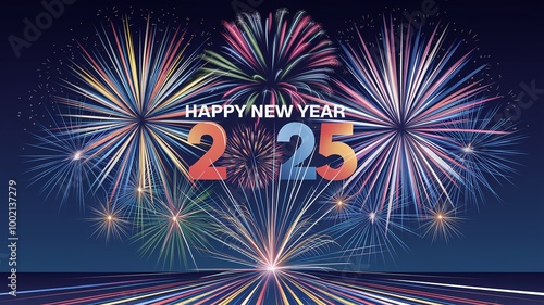 Wallpaper Mural Colorful fireworks display against a starry night sky with the text "Happy New Year 2025". Torontodigital.ca