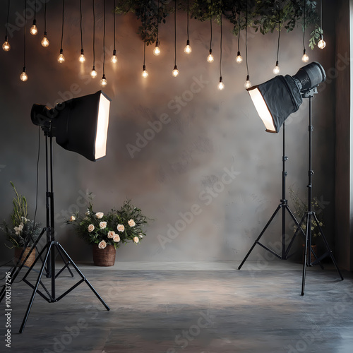 Minimalist photography studio with softbox lighting and festive string lights, creating a nice Christmas-themed background, ideal for seasonal photo shoots.