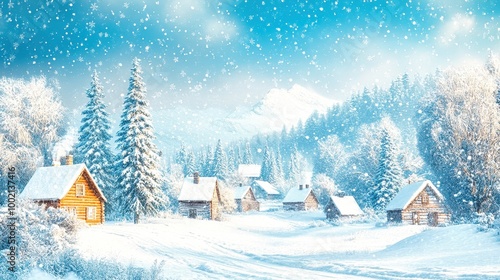 Snow falling on a peaceful village in winter wonderland photo