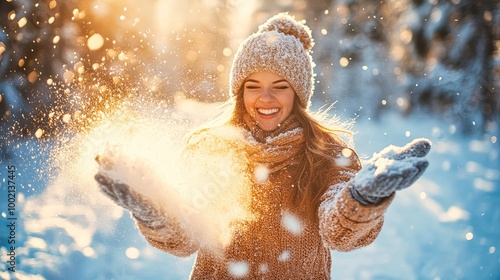 Beautiful woman throwing snow in the air on sunny winter day