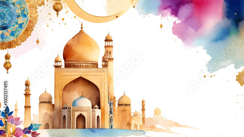 Ramadan Kareem greeting template illustration. vector Islamic background, mosque watercolor style, Muslim holy day, Islamic Ramadan Kareem Eid greeting card design