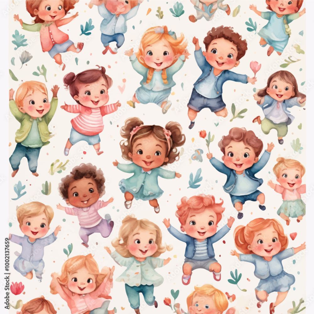 Cute children's fabric seamless pattern, flowers and leaf, stars, speech bubble, line. Hand drawn funny simple vector illustration. white background. Watercolor style for wallpaper, Cute children's fabric seamless pattern, flowers and leaf, stars, speech bubble, line. Hand drawn funny simple vector illustration. white background. Watercolor style for wallpaper,